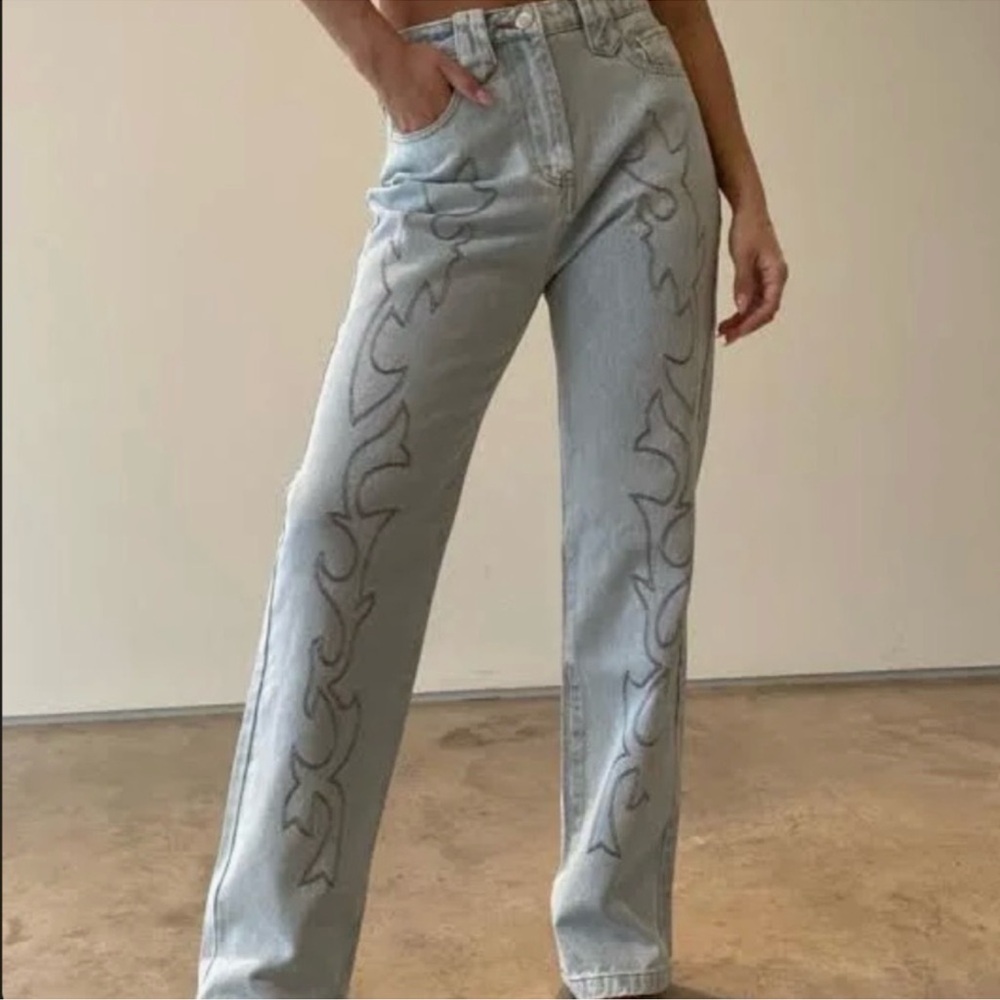 Et Clet Western Embroidered Flame Detail Straight Leg Jeans - Womens Small